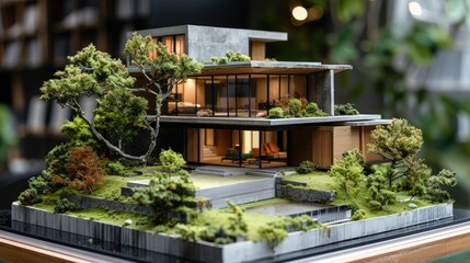 Wall Mural - Model of a house with a garden in front of it. The house is made of concrete and has a lot of greenery around it