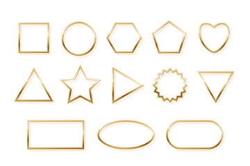 Gold metal photo frames with shadow on white background. Realistic template vector illustration set. Simple golden square, circle, triangle, rectangle, oval, pentagon, heart, star, ring
