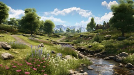 Wall Mural - A beautiful landscape with a river running through it. There are green hills on either side of the river and a blue sky with white clouds overhead.