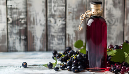 Homemade liqueur made from black currants and fresh berries, vintage wooden background