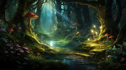 Wall Mural - Mystical forest with a path leading into the distance. The forest is full of tall trees, green moss, and various types of mushrooms.