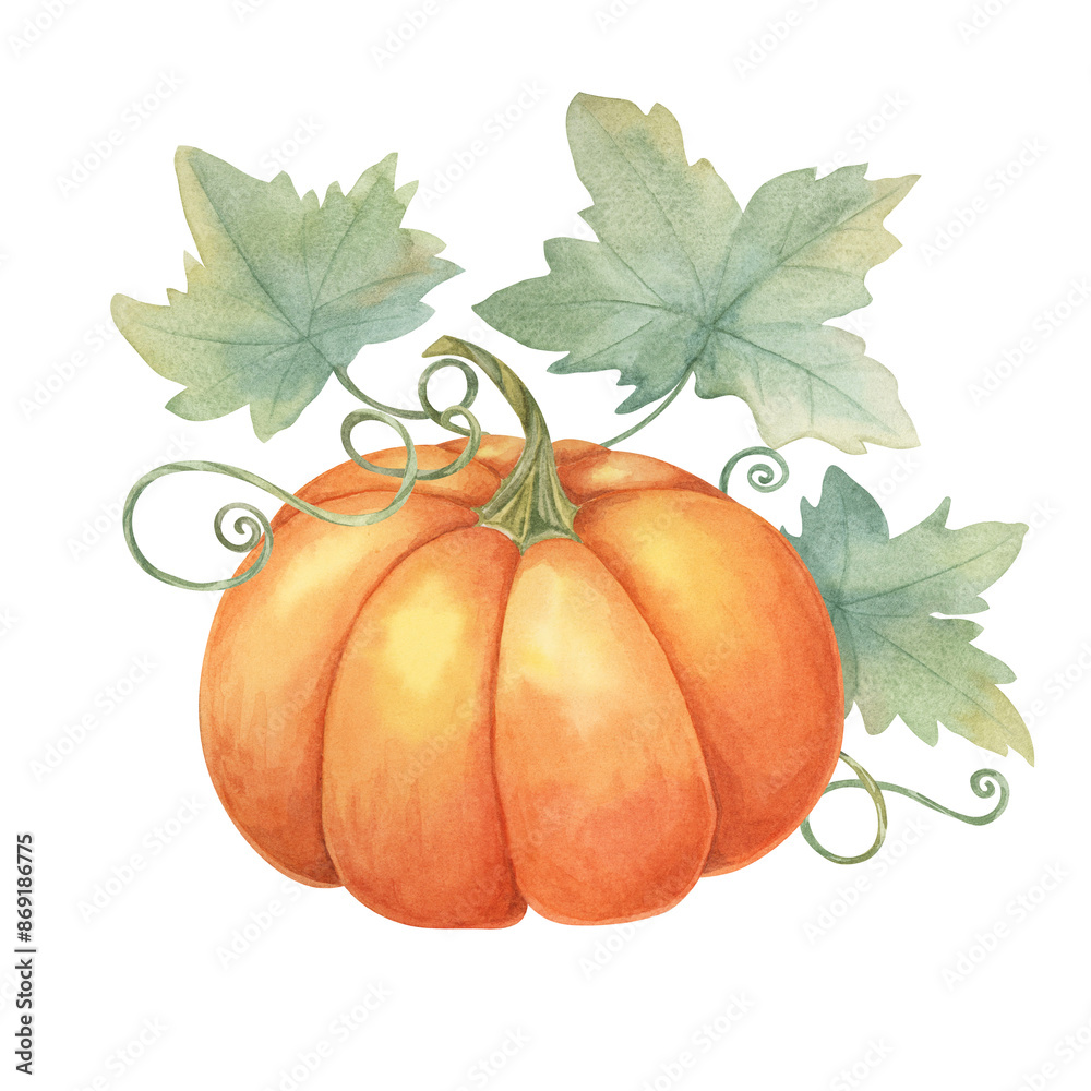 Orange pumpkin with green leaves and tendrils. Squash illustration ...