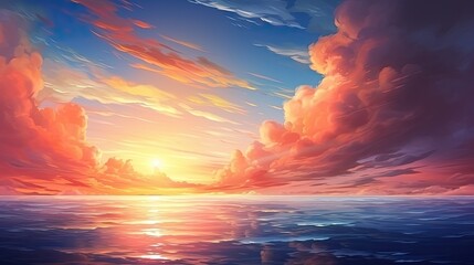 Wall Mural - A beautiful sunset over the ocean. The sky is a gradient of orange, pink, and blue, and the clouds are fluffy and white.