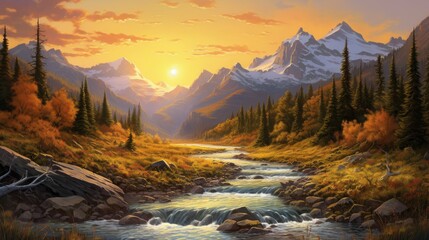 Wall Mural - The sun sets over a mountain valley, casting a golden glow on the river and the trees. The mountains are covered in snow.