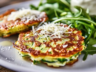 Wall Mural - Zucchini Pancakes with Cheese Sauce, Delicious Courgette Fritters, Vegetable Patty with Arugula