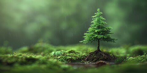 Wall Mural - Solitary Pine Tree in the Rain