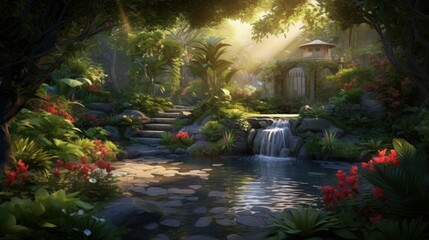 Wall Mural - A beautiful garden with a waterfall and a small house. The garden is full of green plants and flowers. The waterfall is made of rocks and water.