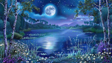 Wall Mural - Moonlit Lake with Stars