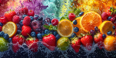 Poster - Close up of colorful variety of fresh fruits in water splash