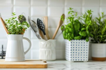 Wall Mural - Kitchen Closeup. Utensils and Houseplant on Kitchen Countertop with Tile Wall Background