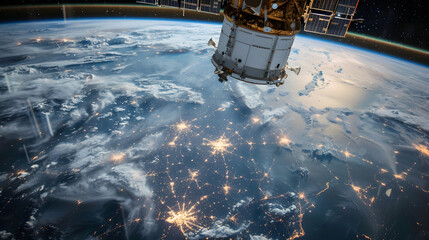 Wall Mural - view from space of starlink satelites streaming from left to right of frame, with earth off in the distance in the background,