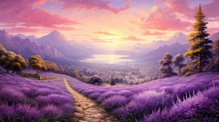 Wall Mural - Amazing landscape with lavender fields and mountains in the distance.