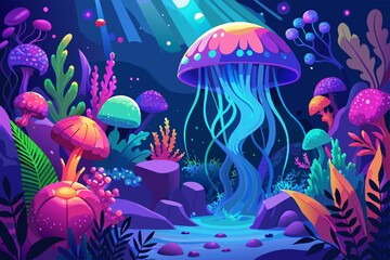 Canvas Print - jellyfish, nightlife, aquarium, aquatic, Vibrant aquatic scene with glowing jellyfish and neon coral