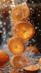 Wall Mural - Orange slices in the air, freeze frame. Macro shot of condensation of water drops. Flight of liquid. Vertical photo