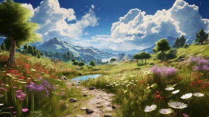 Wall Mural - A beautiful landscape with a pond in the foreground, surrounded by a lush green field of flowers and trees, with snow-capped mountains in the distance