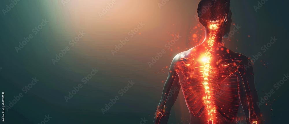 Depiction of back pain with a glowing red area along the spine and ...