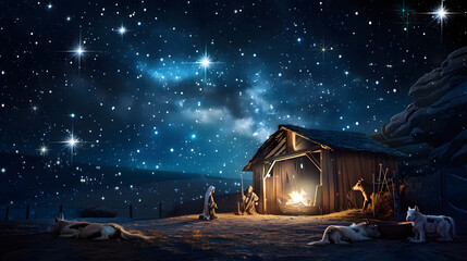 Wall Mural - wooden stable at dark blue starry night, jesus christ birth concept with copy space