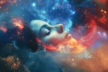 Poster - Surreal and abstract imagery combining human faces with galaxy and nebula elements, exploring the