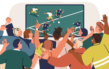 Wall Mural - People crowd watching soccer game, sport match on TV screen. Happy football fans, back view, cheering team, celebrating goal in championship. Flat vector illustration isolated on white background