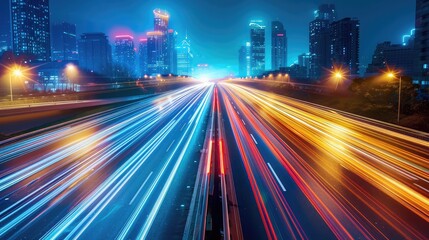 Wall Mural - Abstract view on elevated highway, speeding concept, headlamp trails with motion blur effect at night city street, Colored lines on road with long exposure effect