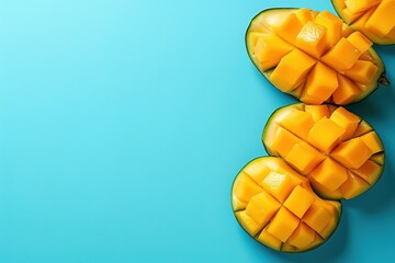 Top view cutting tasty mango on blue background