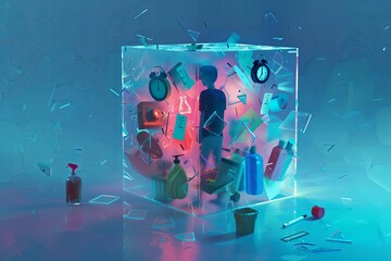 Poster - style illustration of a person trapped inside a transparent cube, symbolizing their mind, filled