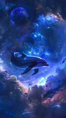 Wall Mural - Glowing dolphin illuminated by cosmic blue light