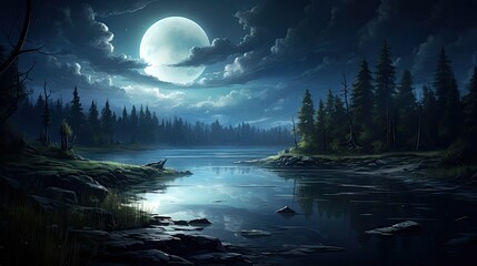 Wall Mural - The full moon rises over a tranquil lake, casting a silvery glow on the water and illuminating the dark forest beyond.