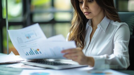 Aufkleber - A businesswoman focused on data charts for insights and patterns at her desk in a professional setting, indicating a busy work day