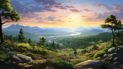 Wall Mural - The sun sets over a beautiful landscape. The sky is a gradient of orange, yellow, pink, and blue.