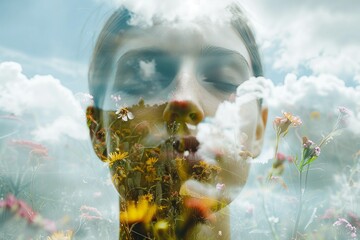 Poster - A double exposure graph of a person with their face overlaid with two contrasting images. One image