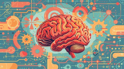 Aufkleber - A flat style illustration of a human brain, depicted with gears and cogs interlocking, symbolizing