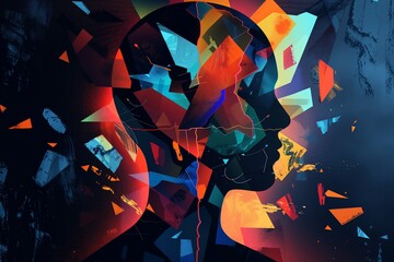 Poster - A flat style illustration of a human silhouette with a shattered effect, representing Dissociative