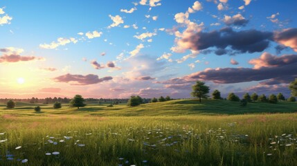 Wall Mural - The image shows a beautiful landscape with a green field, hills and trees. The sky is blue with some clouds and the sun is shining brightly.