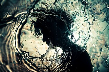 Poster - A high resolution graph of a person s silhouette made up of broken glass and spilling liquid,