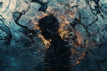 Poster - A high resolution graph of a person s silhouette made up of broken glass and spilling liquid,