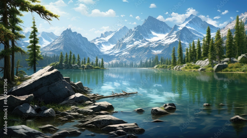 This is a beautiful landscape image of a mountain lake. The water is ...