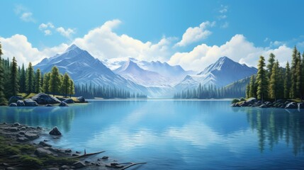 Wall Mural - The image is of a beautiful mountain lake. The water is calm and clear, and the sky is a deep blue.