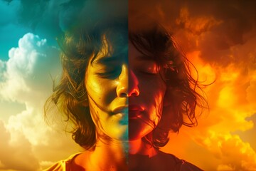 Poster - A portrait of a person with a split expression, one half showing a joyful, vibrant smile and the