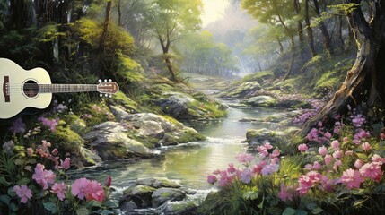 Wall Mural - The image is a beautiful landscape of a forest with a river running through it. The trees are tall and green, and the flowers are in bloom.