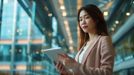 Poster - A young woman in a business suit stands in a modern office setting, using a tablet