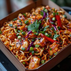 Wall Mural - A box of lo mein noodles with vegetables and chicken