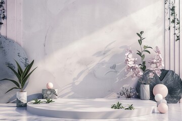 Fototapete - A contemporary and clean image featuring geometric floral patterns on a white marble platform. Perfect for modern design and architectural studios. Generative AI