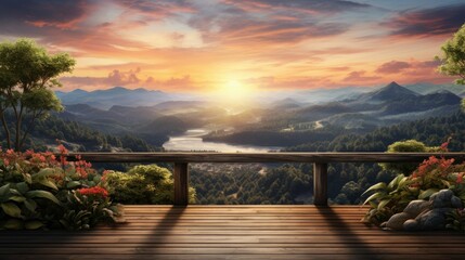 Wall Mural - Wooden terrace with a view of the mountains and a valley with a river at sunset. The terrace is surrounded by lush vegetation and flowers.