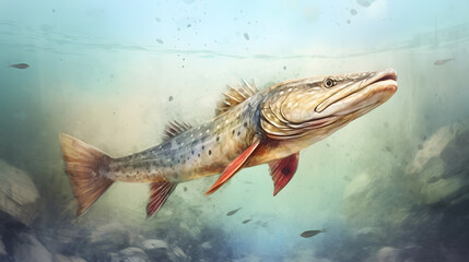Pike under at sea Watercolor
