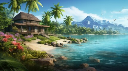 Wall Mural - A beautiful beach scene with a thatched roof hut on the shore. The water is crystal clear and the sand is white and pristine.