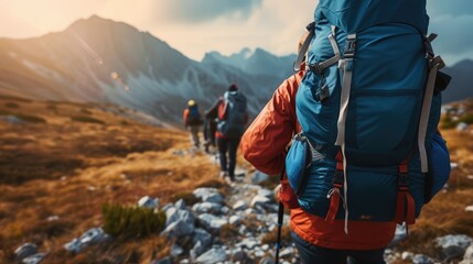 Wall Mural - A bunch of backpackers are trekking up the majestic mountain, surrounded by the vast natural landscape, enjoying the sky, plants, and soil along the way. AIG41