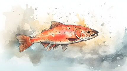 Salmon Under at sea Watercolor