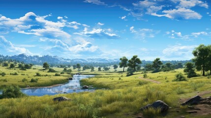 Wall Mural - A beautiful landscape with a river running through it. There are green hills in the background and a blue sky with white clouds overhead.