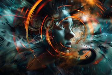 Poster - An abstract of a person s face blending into a swirling vortex of colors and shapes, representing
